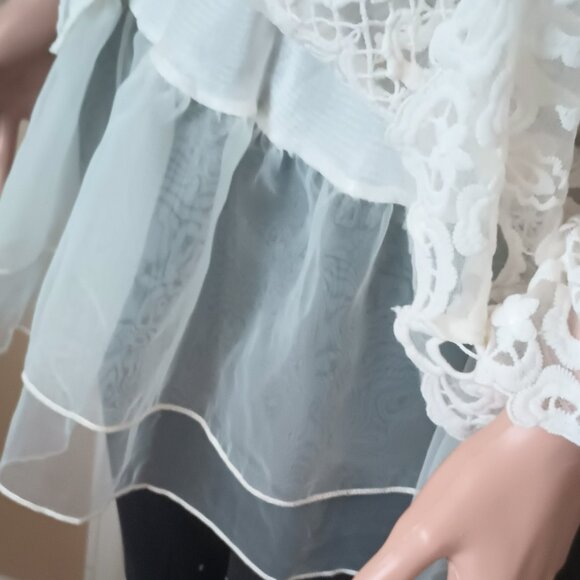 Women's White Lace Layered Blouse L Sheer Scalloped Edges Lined Tunic Top - Picture 7 of 11